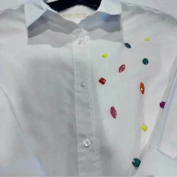 Zara Girls Button Up White Shirt With Multi Color Jeweled Accents Size 13-14 - Picture 8 of 9